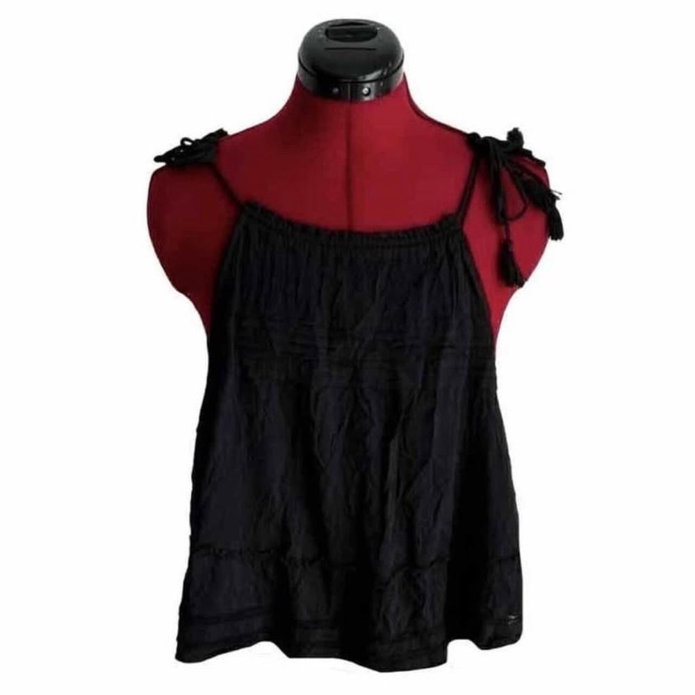 FREE PEOPLE Black Tie-Shoulder Cotton Tank Top Bodysuit Embroidered Boho Flowy